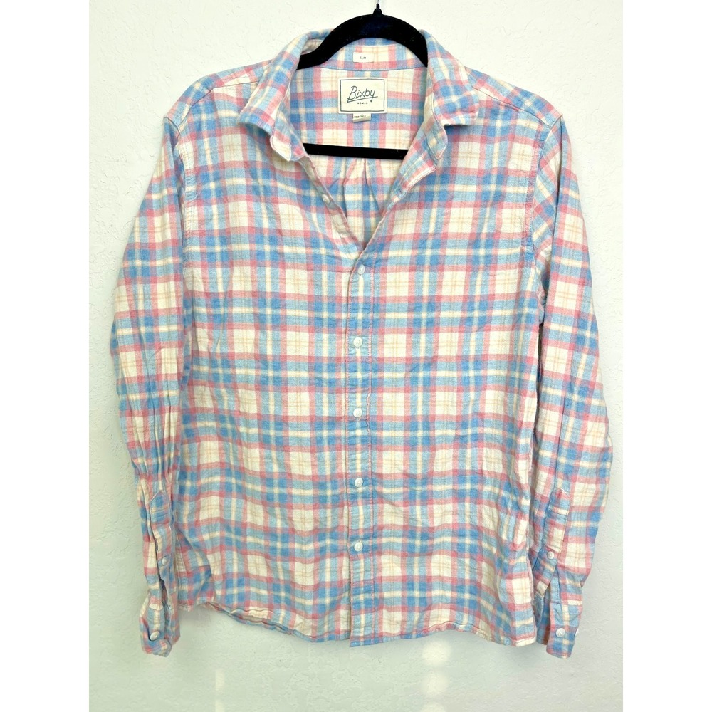 Bixby Nomad Button Up Shirt Size M BLUE Check Pink Plaid Long Sleeve Regular Fit